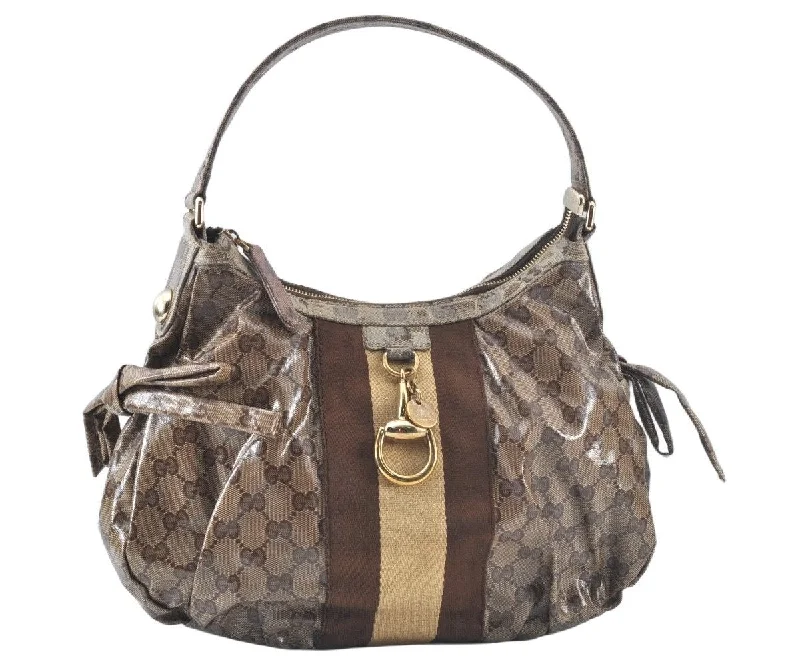 Ladies Gucci shoulder bags with a magnetic - closure flapAuthentic GUCCI GG Crystal Sherry Line Horsebit Shoulder Bag GG PVC Brown 4303J