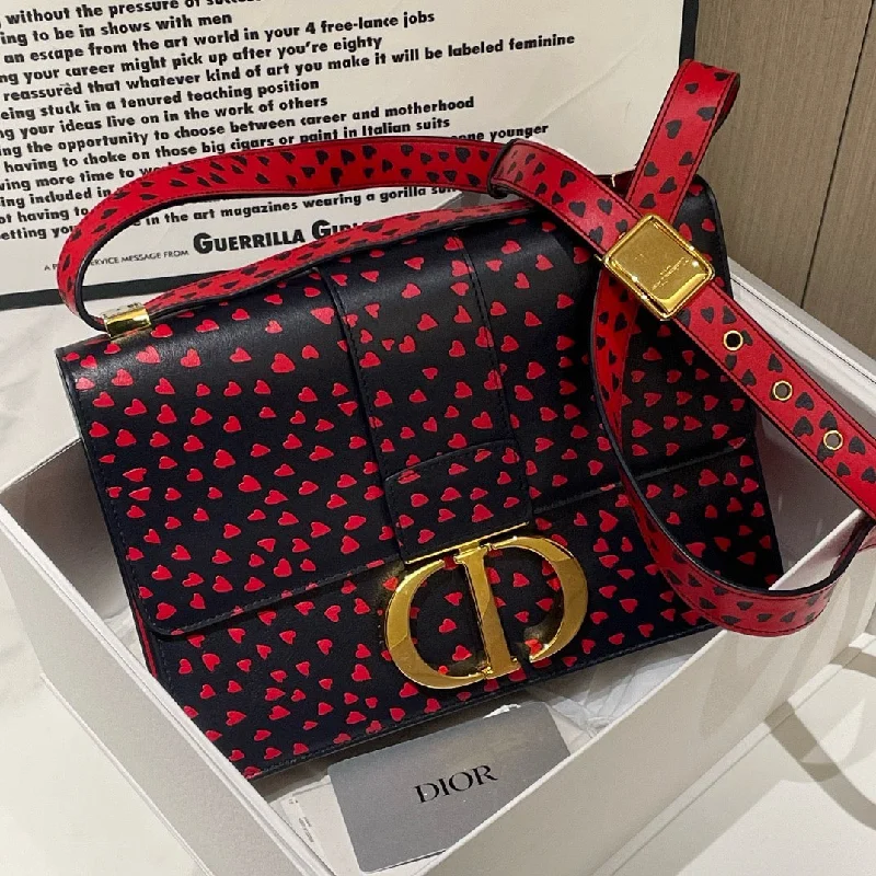 Christian Dior tote bags with a printed Dior logo on the frontDior 30 Montaigne Black Red Heart Leather Shoulder Bag Medium