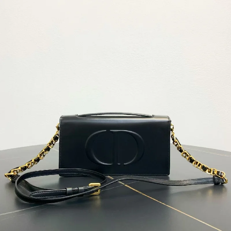 Christian Dior bags with a detachable coin purse insideDior Black Calfskin Signature Chain Shoulder Bag Medium