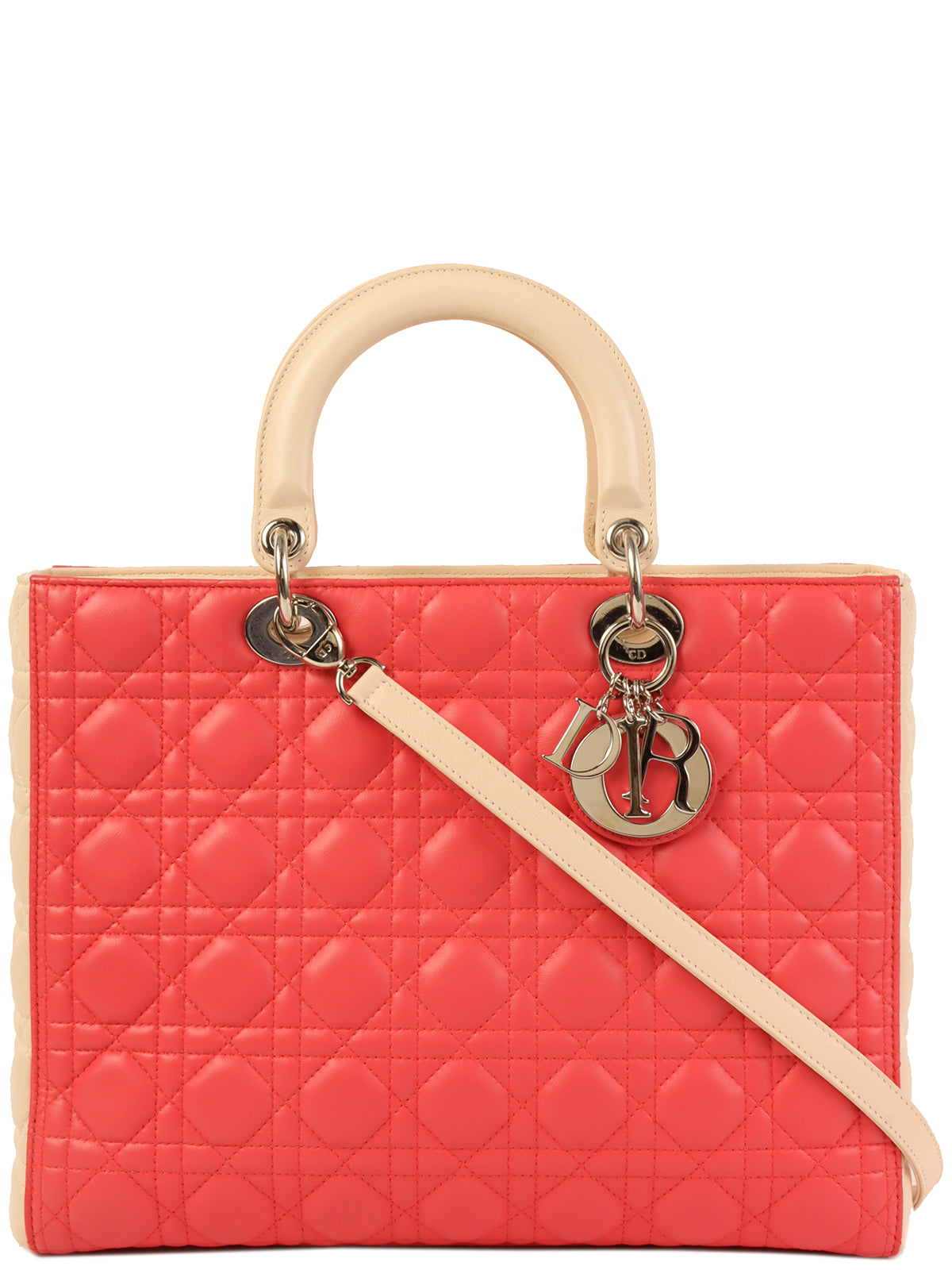 Stylish Christian Dior shoulder bags with a tassel - adorned zipperDIOR Cannage Stitch Lady  2Way Bag L Salmon Pink/Ivory