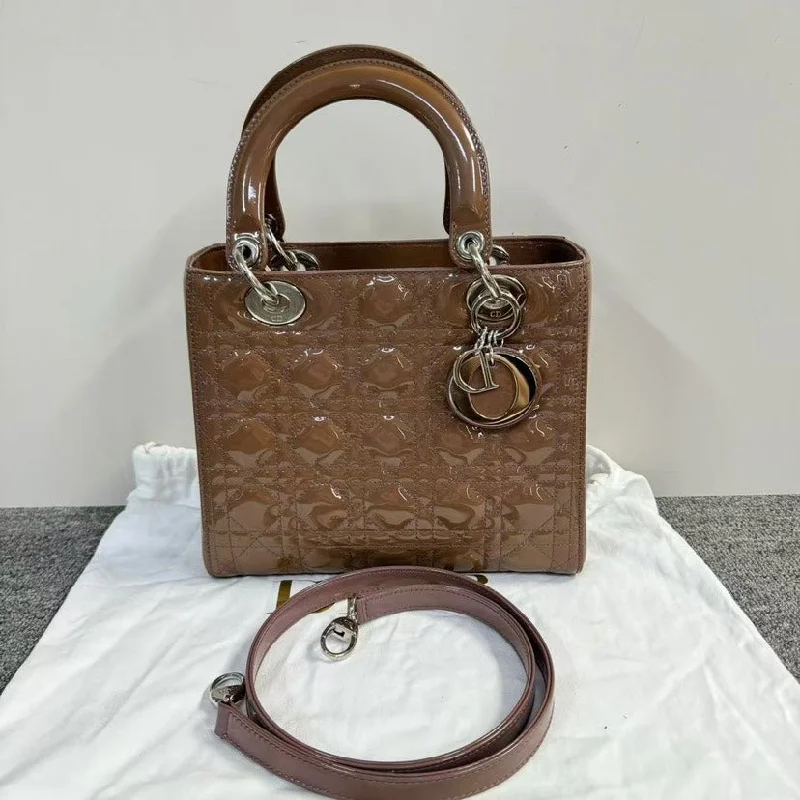 Stylish Christian Dior shoulder bags with a tassel - adorned zipperDior Lady Bag Patent Brown Medium Handbag