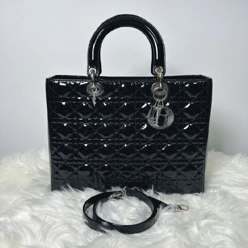 Christian Dior Saddle bags with a distressed leather finishDior Lady Dior Black Patent Leather Medium Bag