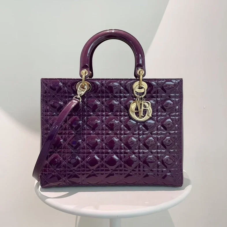 Christian Dior bags with a side - pocket for holding a water bottleDior Lady Dior Large Patent Leather Handbag Purple