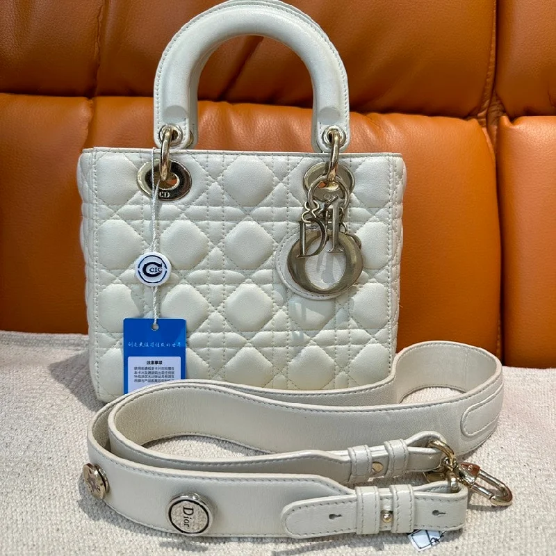 Christian Dior tote bags with a double - handle and shoulder - strap optionDior Lady Dior White Leather Quilted Handbag With Strap