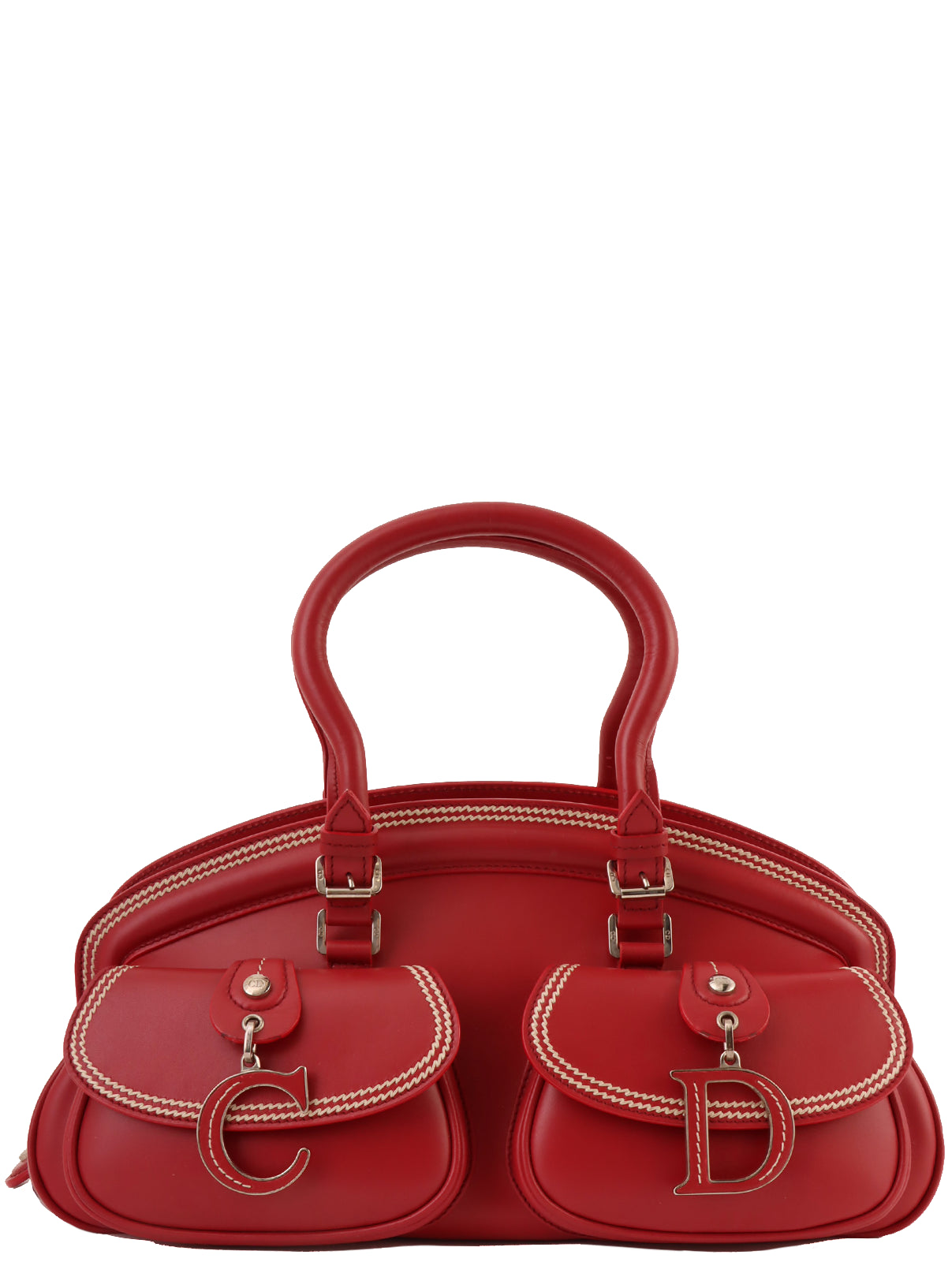 Christian Dior handbags with a back - pocket for quick storageDIOR Logo Plate Top Handle Bag Red