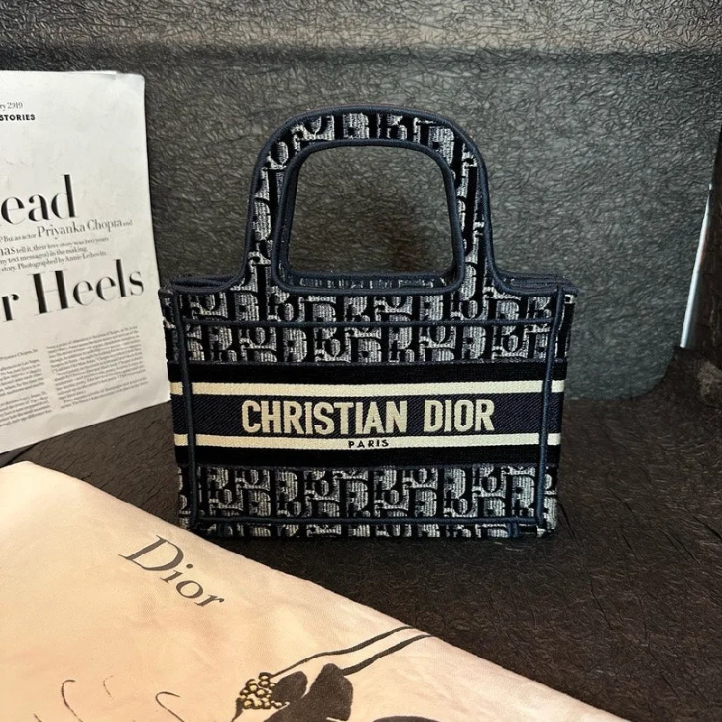 Christian Dior handbags with a detachable mirror for on - the - go touch - upsDior Mini Embroidered Tote Bag Navy Blue 22.5cm