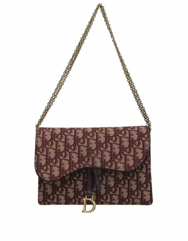 Christian Dior bags with a zip - top closure and multiple compartmentsDior Saddle Pochette Burgundy Canvas Pattern Small Chain Shoulder Bag